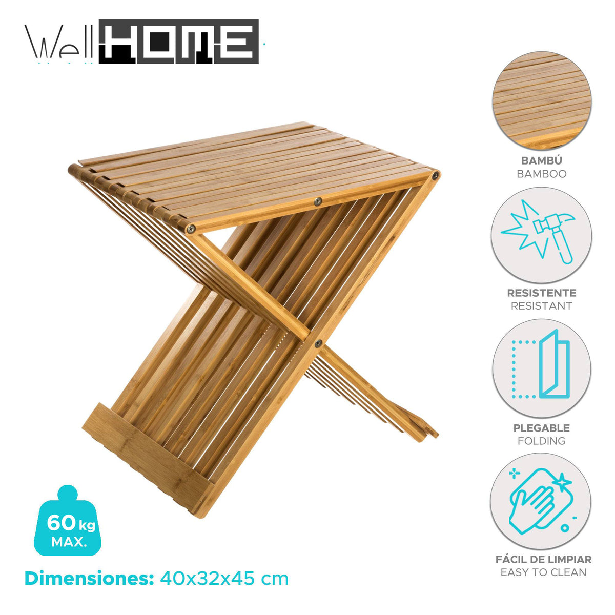 Silla taburete plegable bambú 40x32x45cm (2)