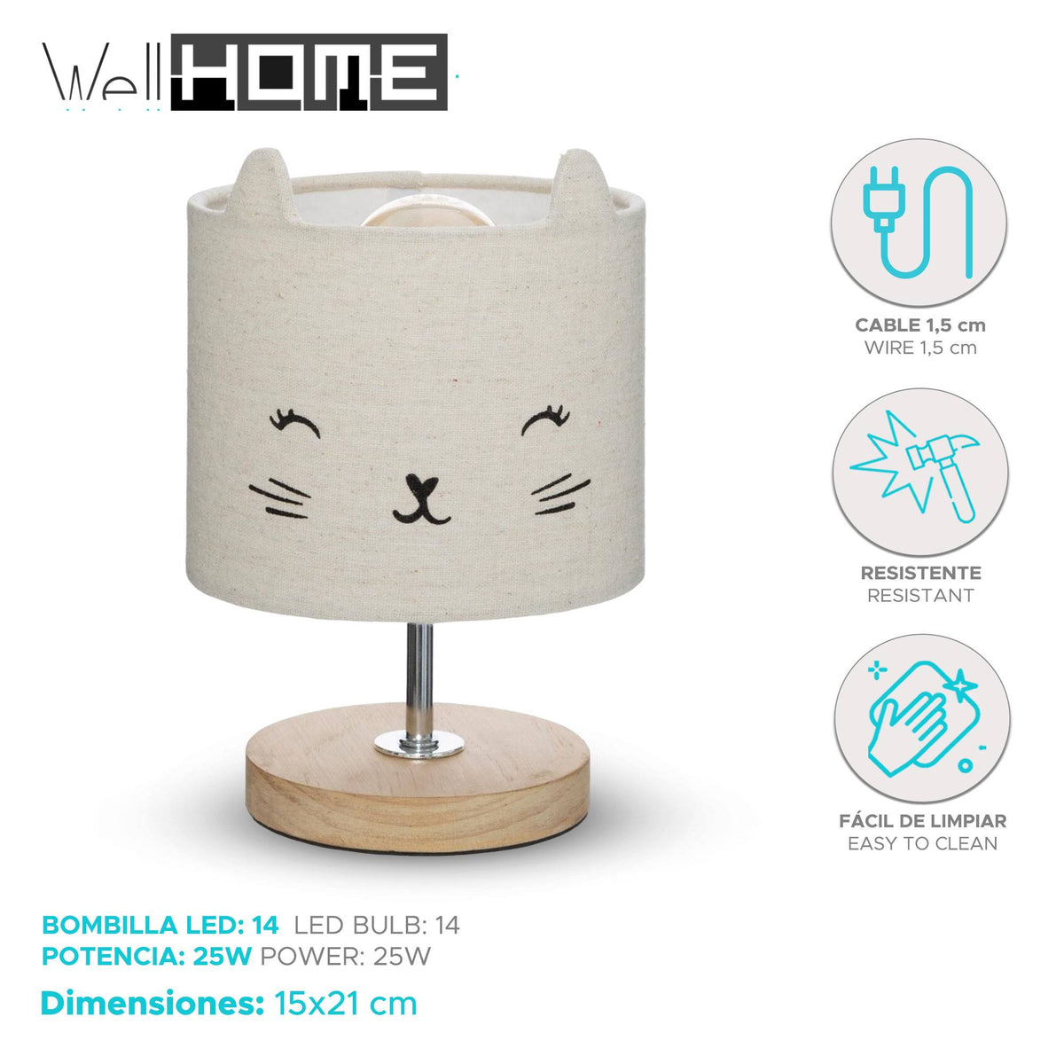 Lámpara infantil gato algodón y madera Ø15x21cm (2)