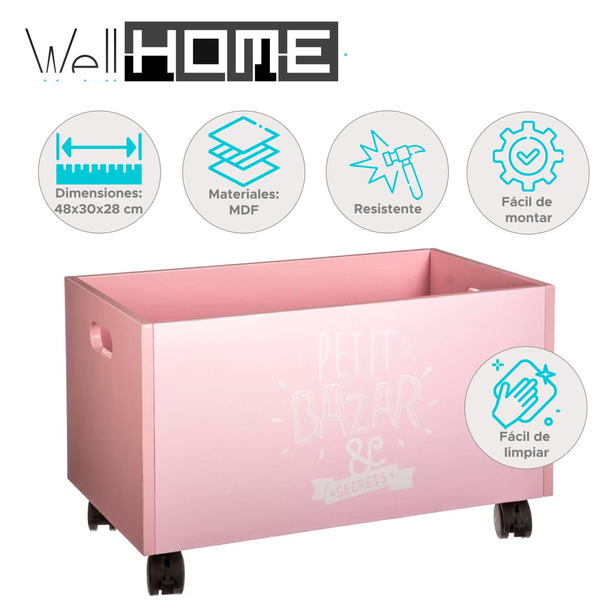 Cofre de juguetes MDF rosa con ruedas 48x28x28,5cm (2)