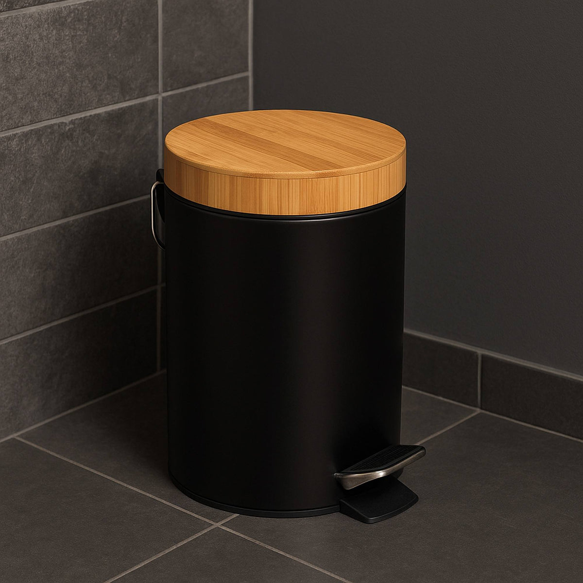 Cubo pedal 3L metal y bambú color negro Ø25,5cm (3)