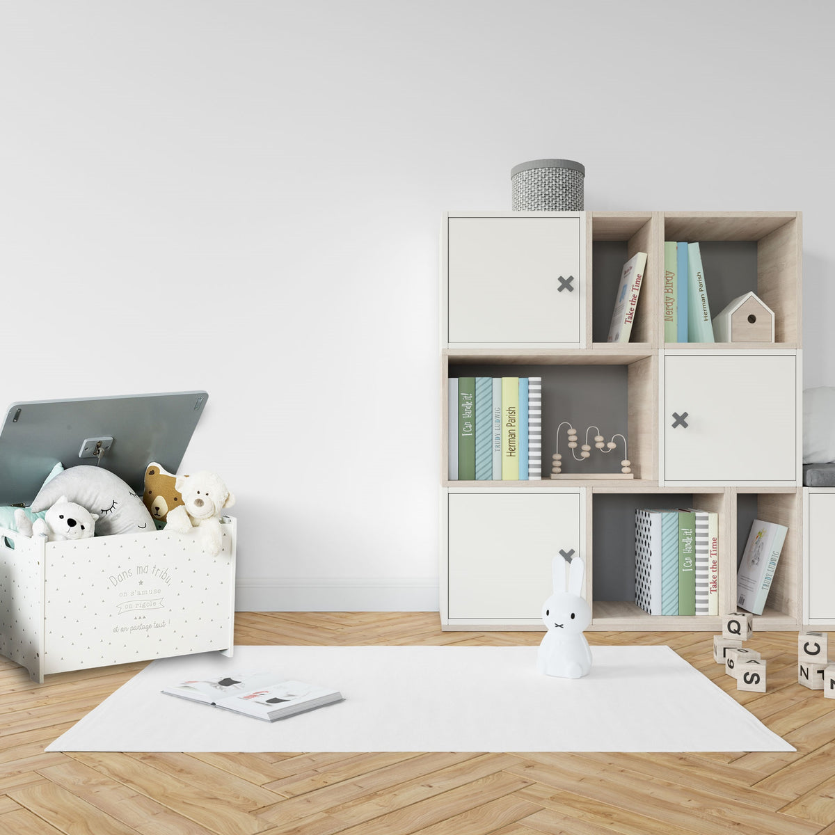 Baúl infantil para juguetes madera blanco y gris 58x37,5x38cm (7)