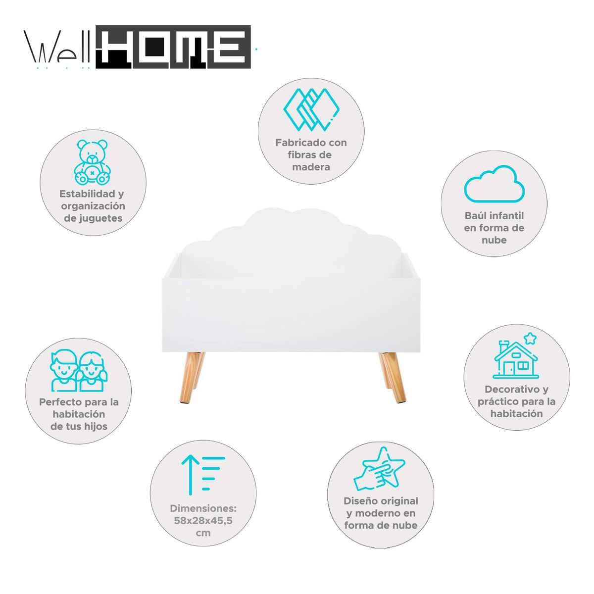 Baúl infantil nube MDF blanco 58x28x45,5cm (2)