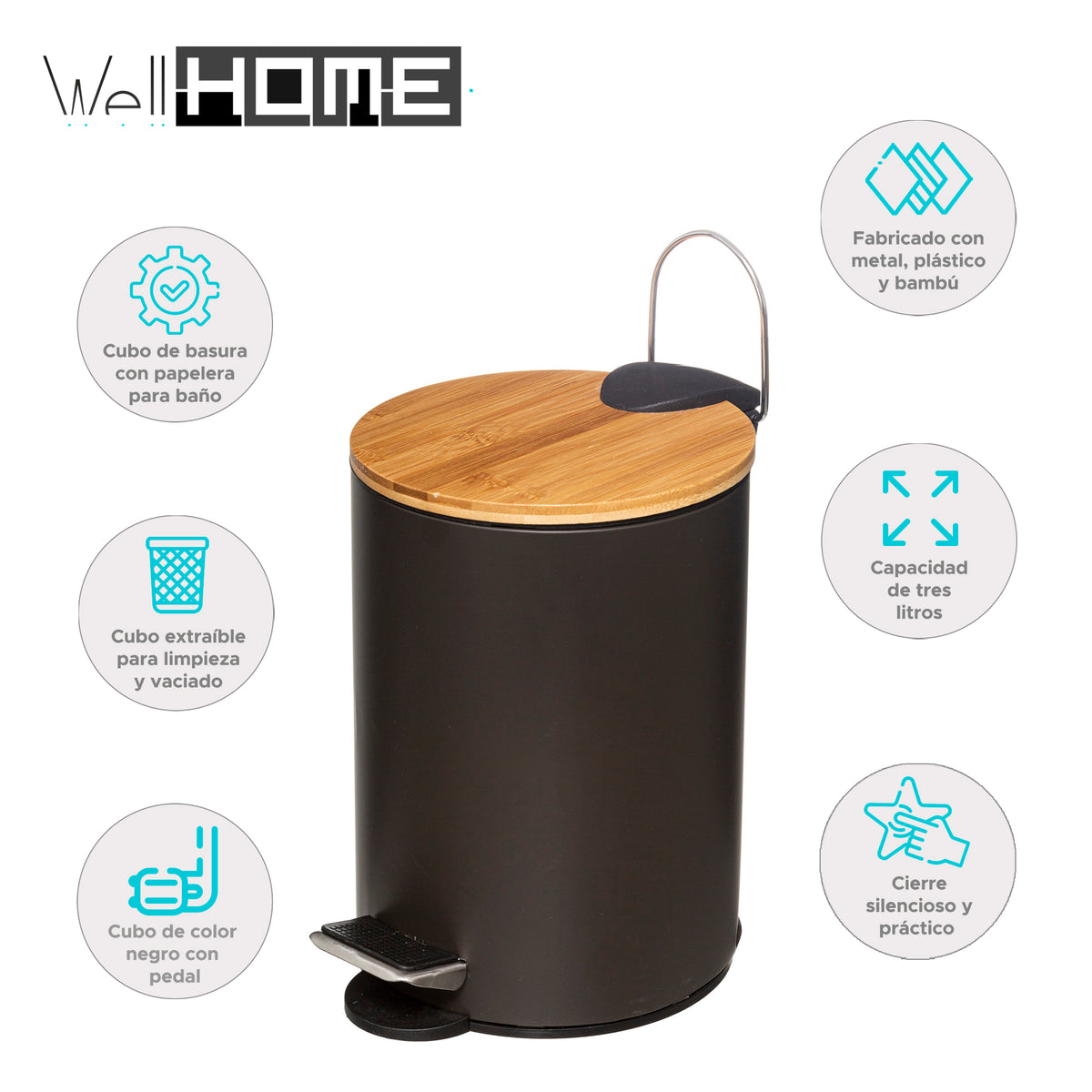 Cubo de pedal 3L con tapa bambú moderno negro (2)