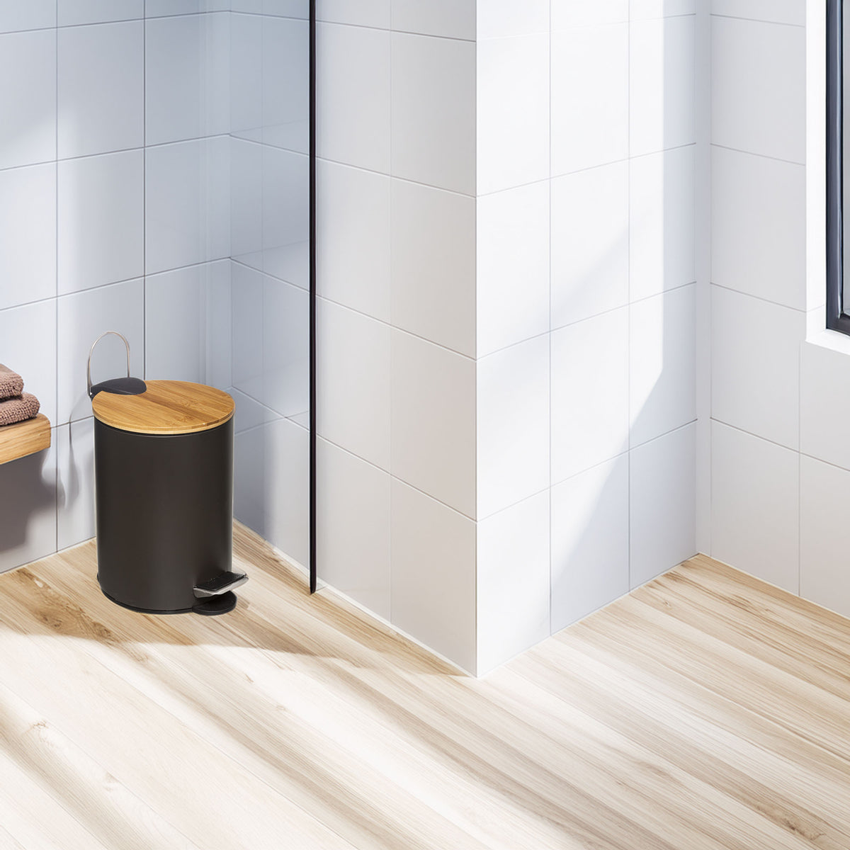 Cubo de pedal 3L con tapa bambú moderno negro (3)