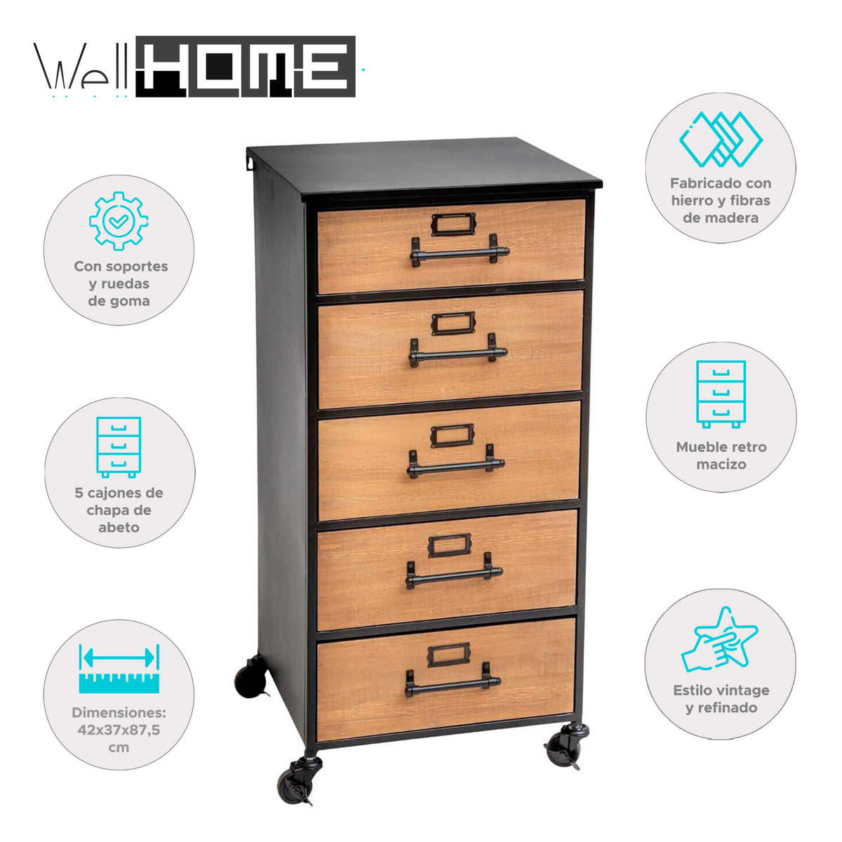 Cajonera archivos diseño retro metal y madera 42x37x87,5 cm (2)