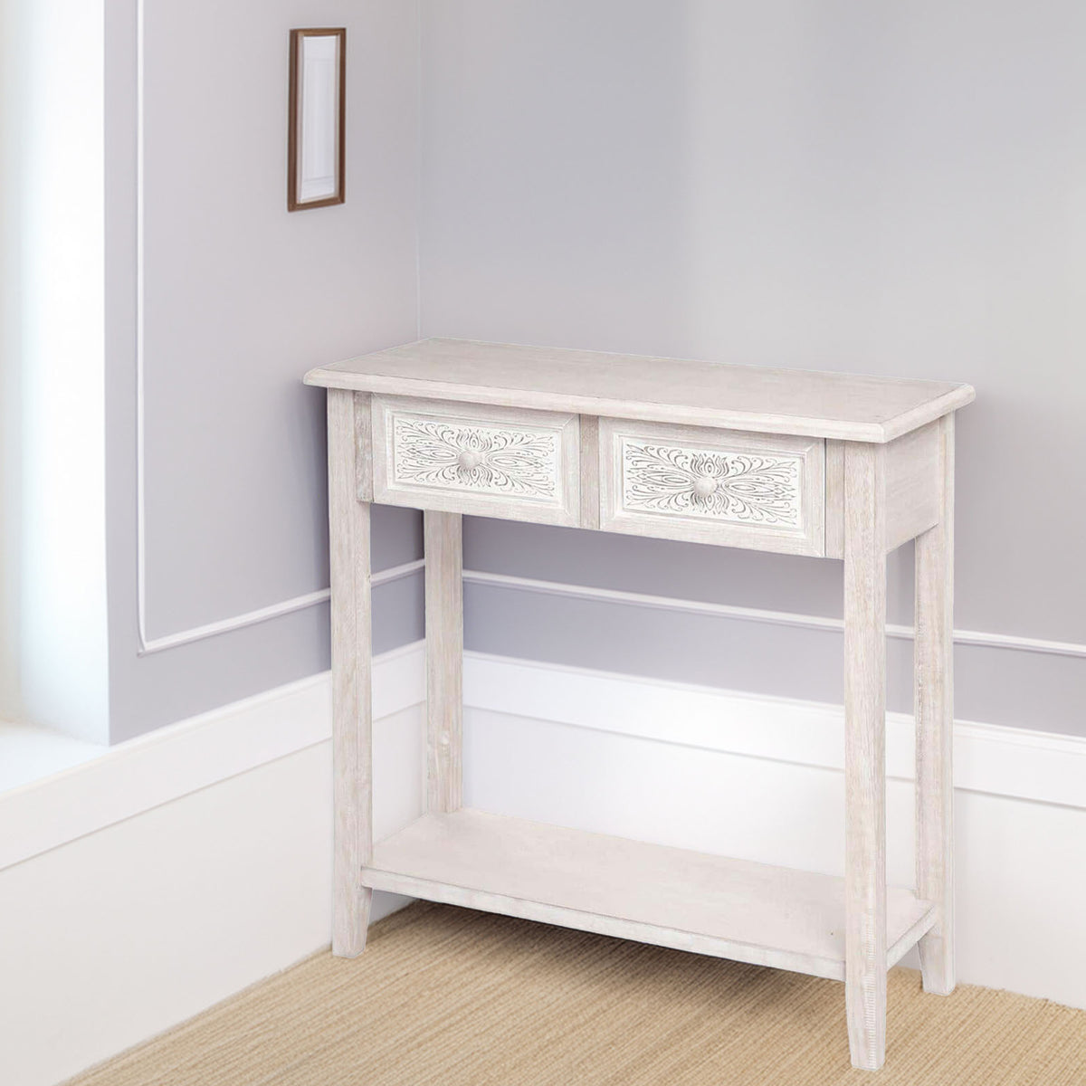 Consola 2 cajones madera blanca inspirada en la naturaleza (4)