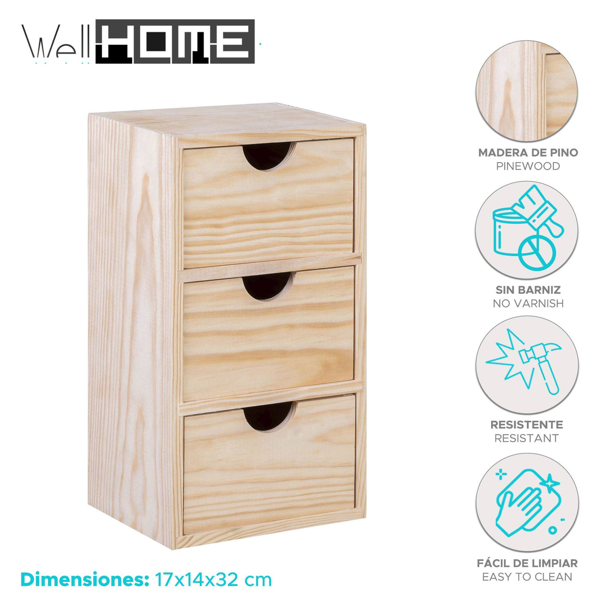Cajonera miniblock 3 cajones madera de pino 17x14x32 cm (2)