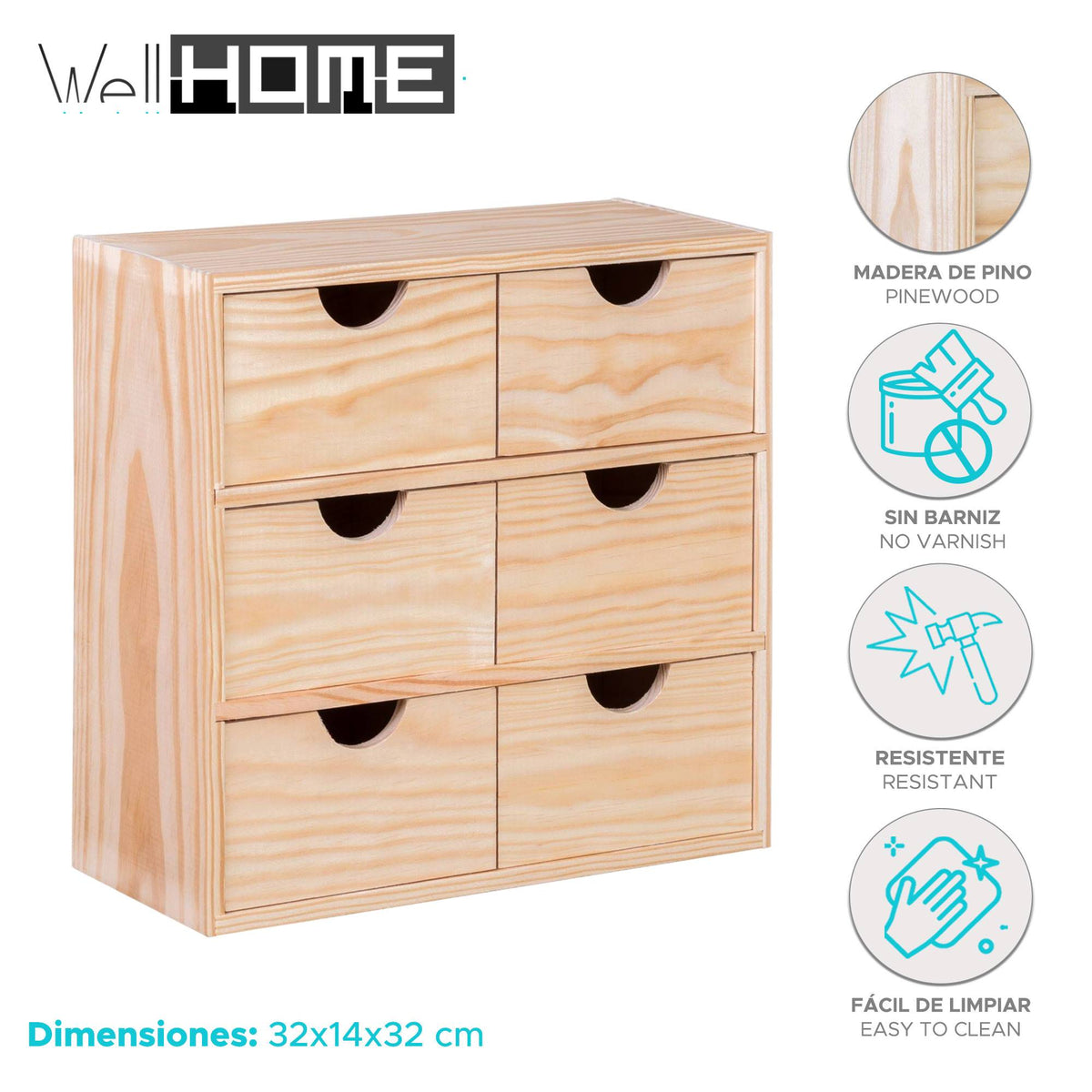 Cajonera miniblock 6 cajones madera de pino 35x14x32 cm (2)