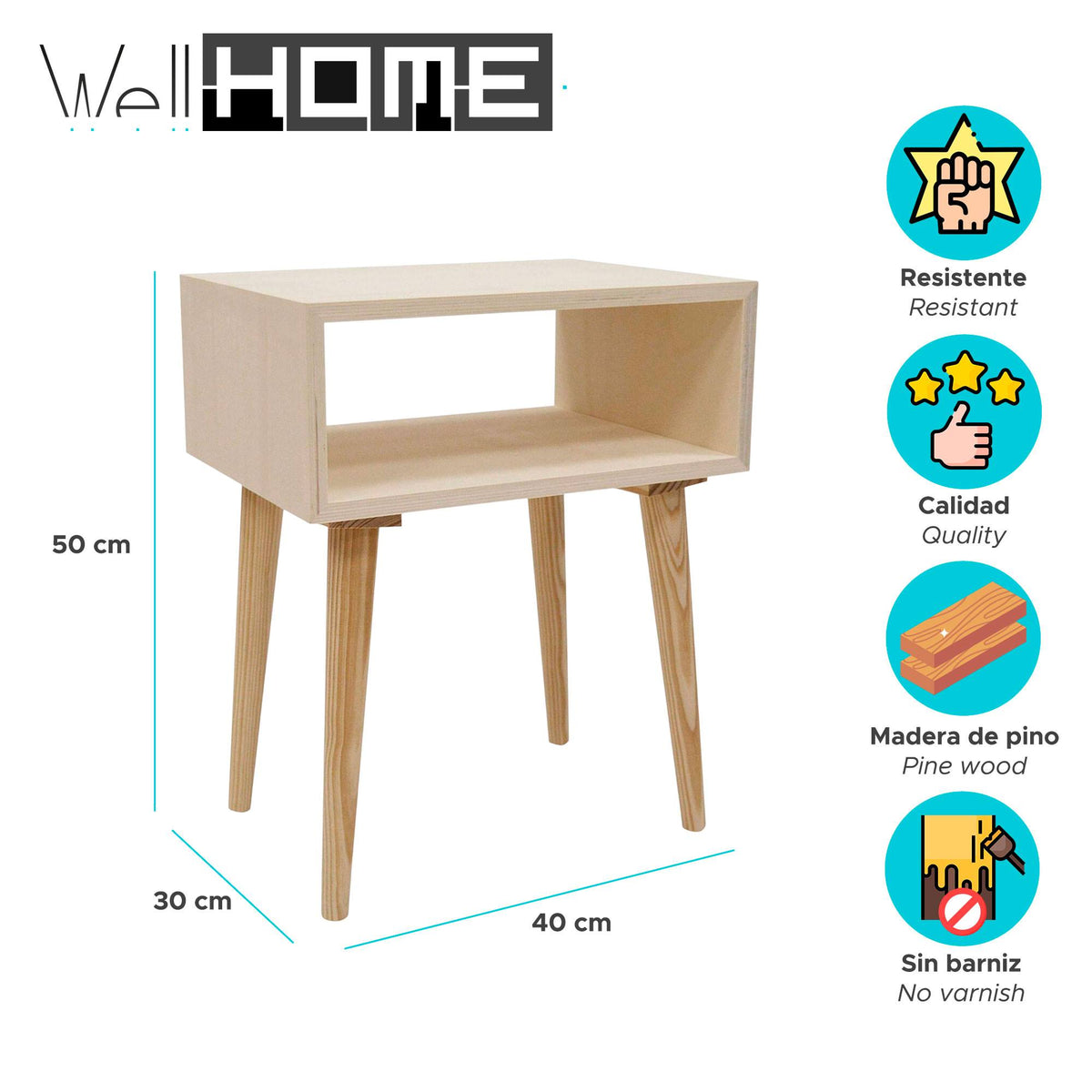 Mesa auxiliar Mercury sin barniz 40x30x50cm (2)