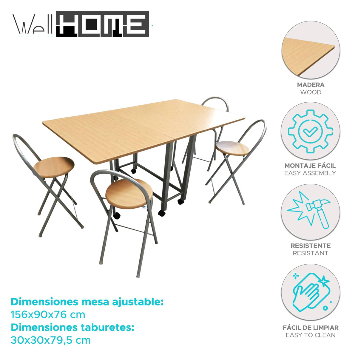 Conjunto mesa y 4 taburetes en madera de jardín (2)
