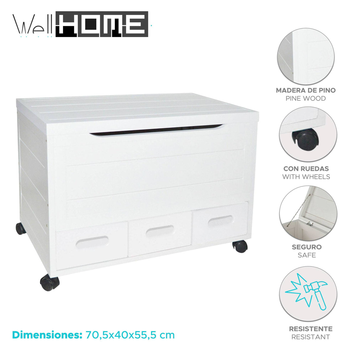 Baúl 3 cajones blanco 70,5x40x55,5cm (2)