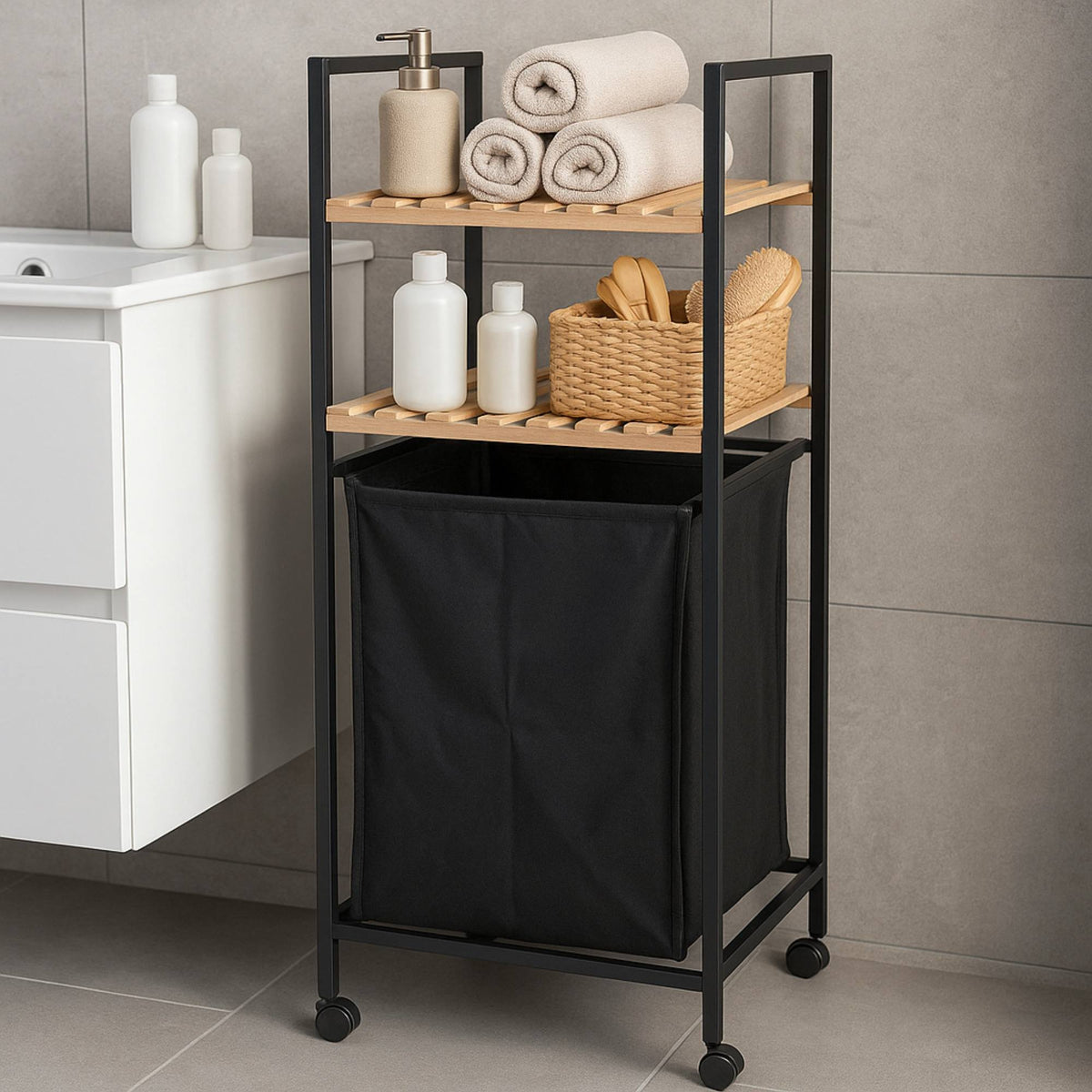 Estantería de baño 2 estantes y bolsa lavandería H.89,5cm (4)