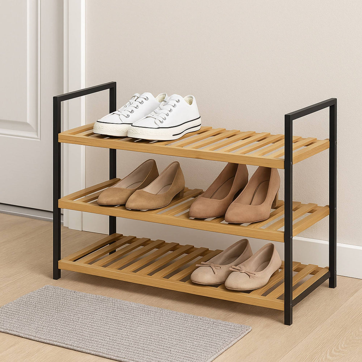 Zapatero de bambú 3 estantes metal y bambú 70x30x48,5cm (4)