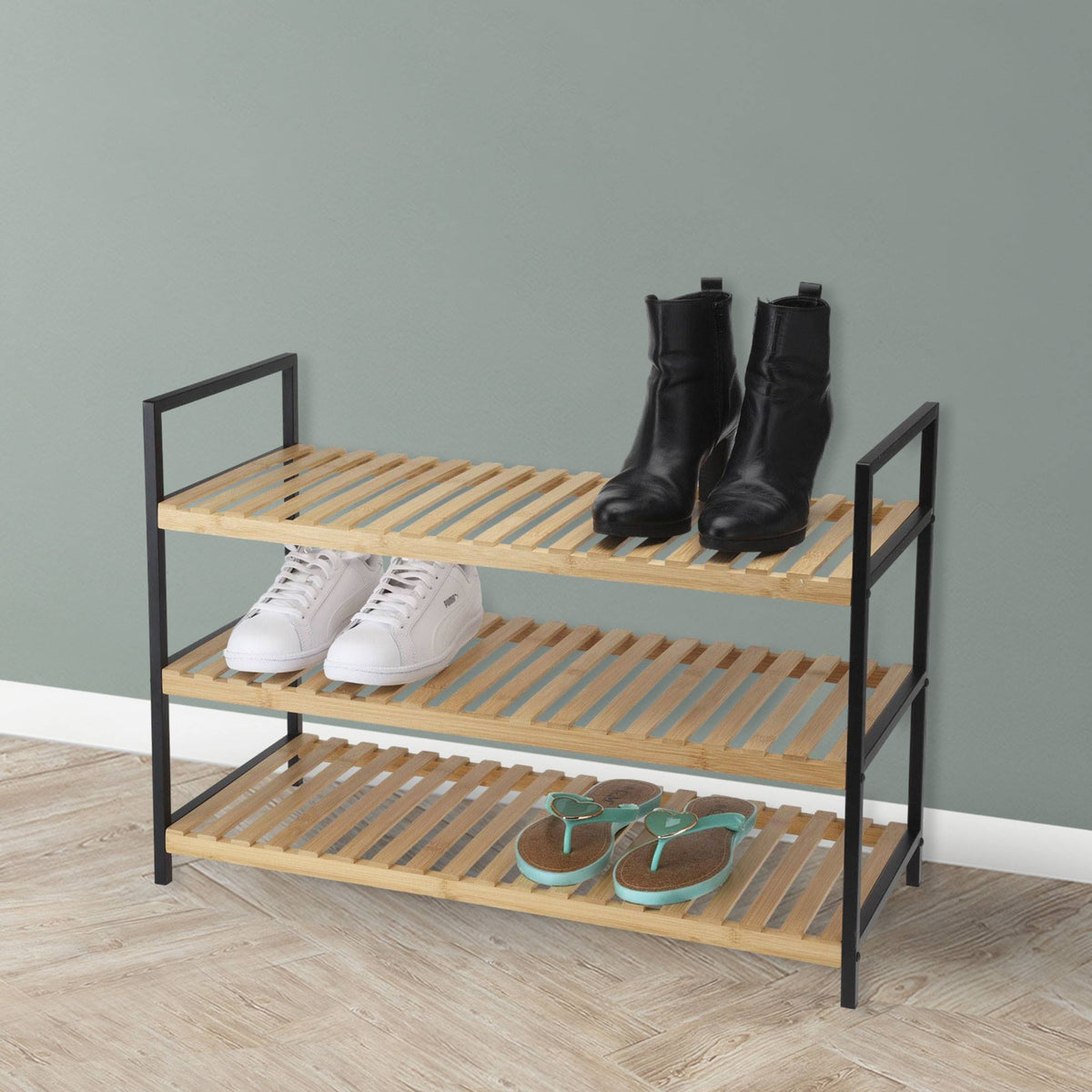 Zapatero de bambú 3 estantes metal y bambú 70x30x48,5cm (5)