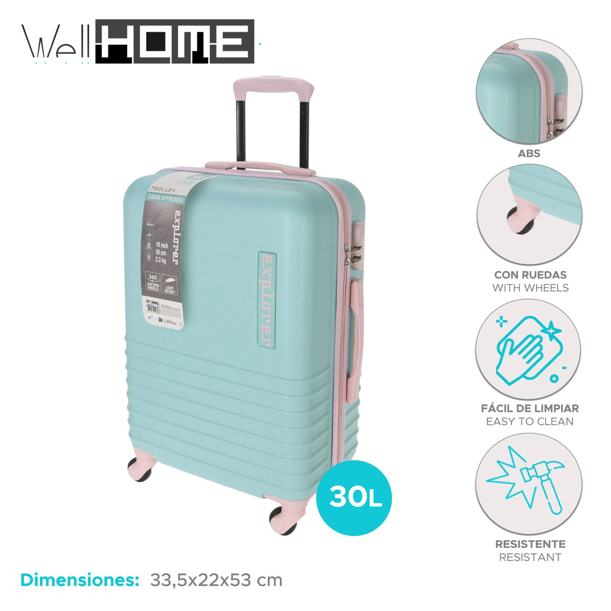 Maleta ABS 4 ruedas color menta y rosa 33,5x22x53cm (2)