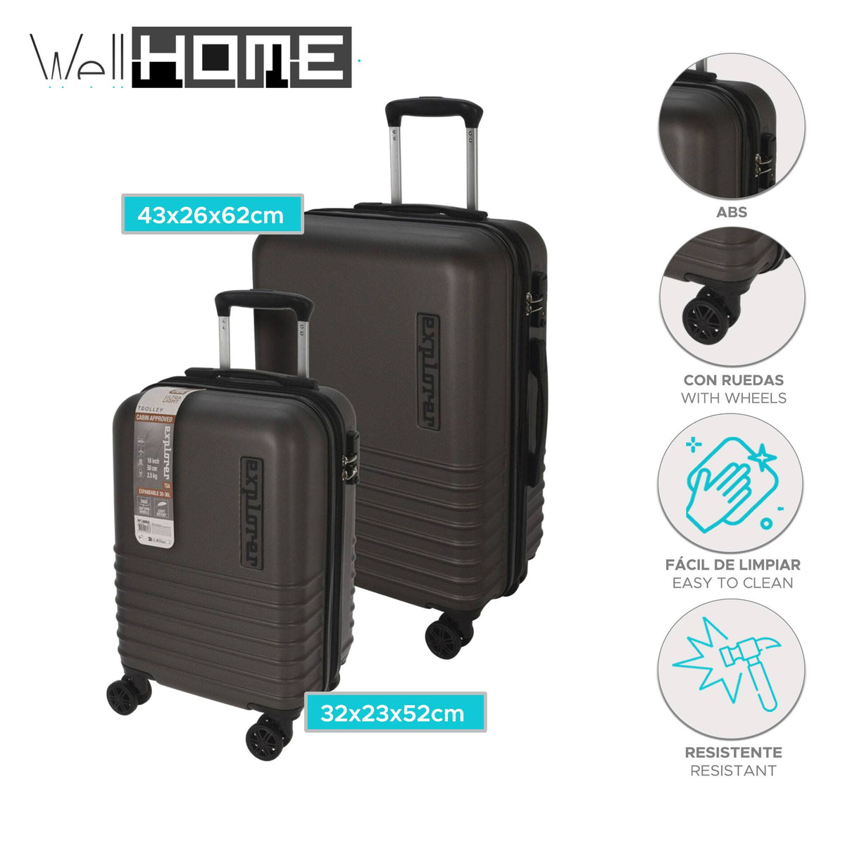 Juego 2 maletas ABS trolley 18'' y 22'' color gris (2)