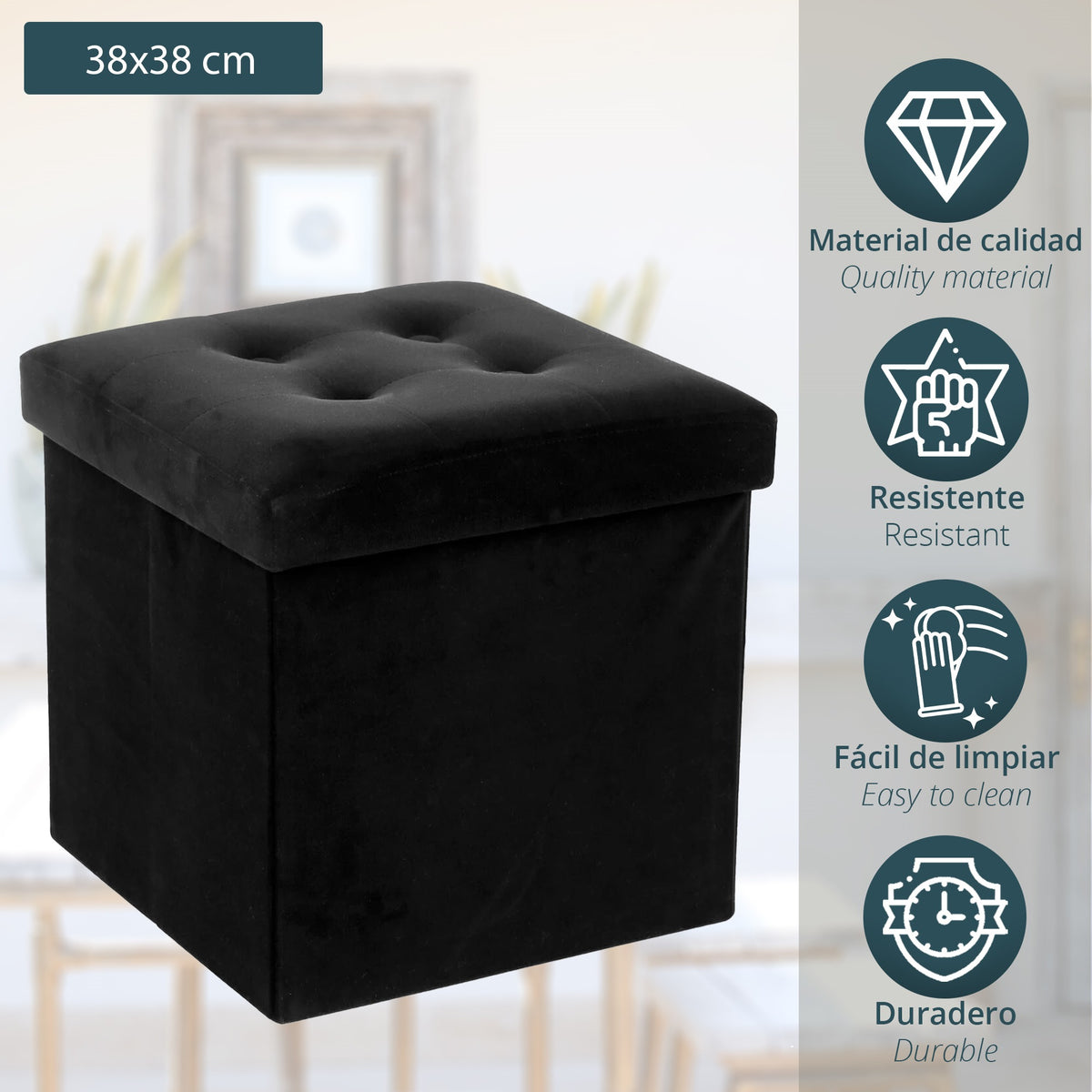 Puf plegable de terciopelo negro Lysander (2)