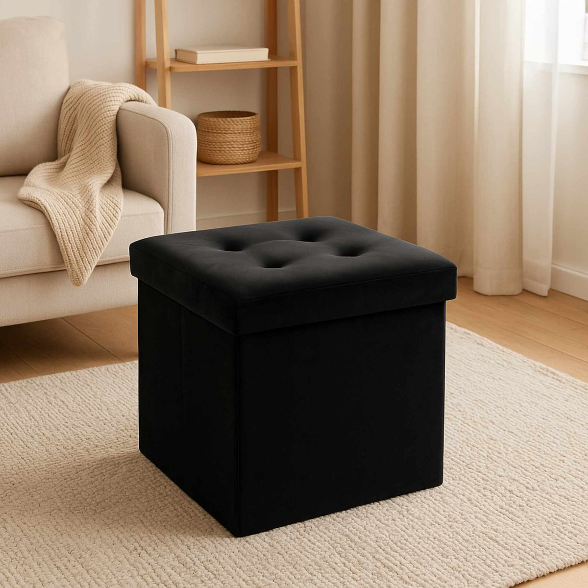 Puf plegable de terciopelo negro Lysander (4)