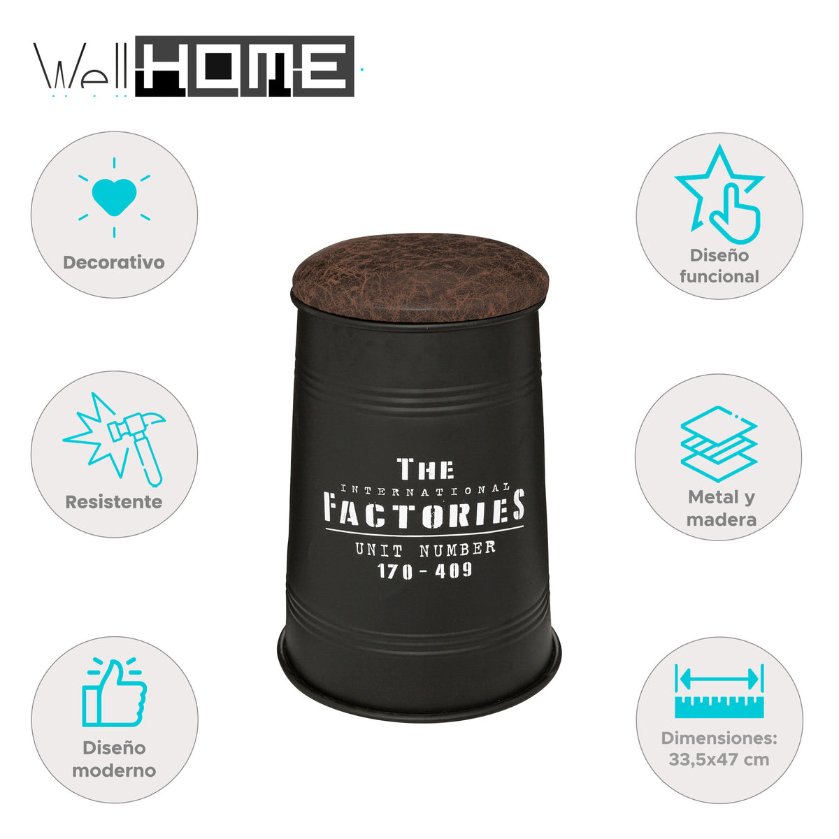 Puf canister metal y madera color negro Joao (2)