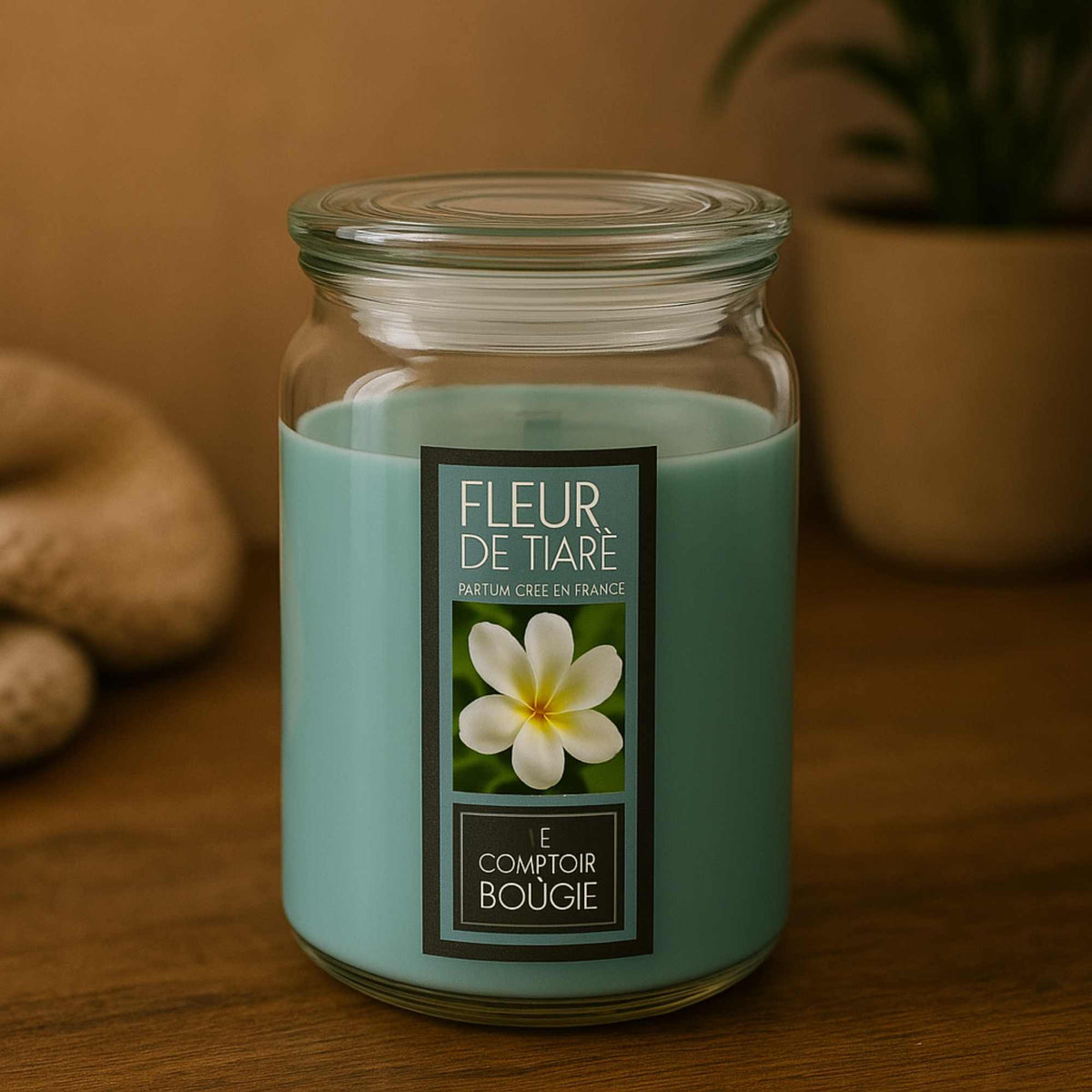 Vela perfumada con flor tiare color azul (3)