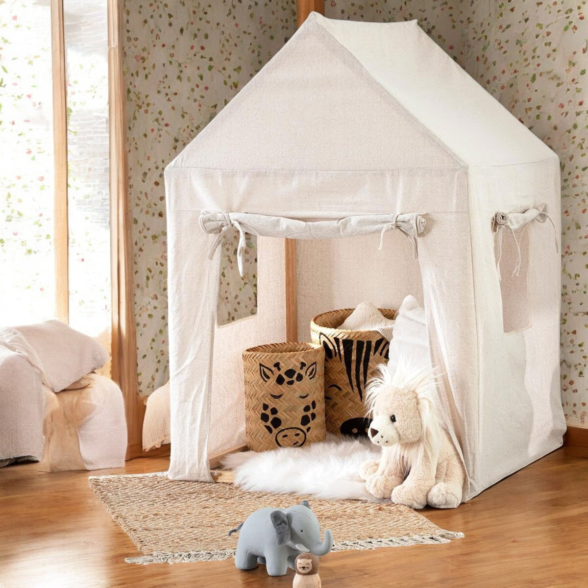 Cabaña de lona infantil con estructura de madera (3)