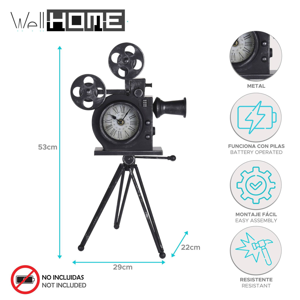 Reloj de mesa diseño cámara de cine metal negro 29x22x53cm (2)