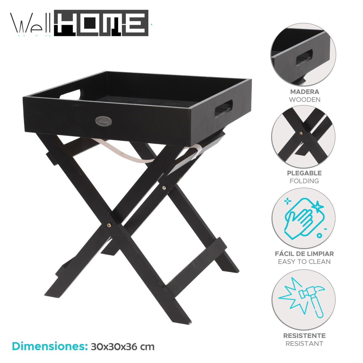 Bandeja de servir madera con patas plegables negro 30x30x36cm (2)
