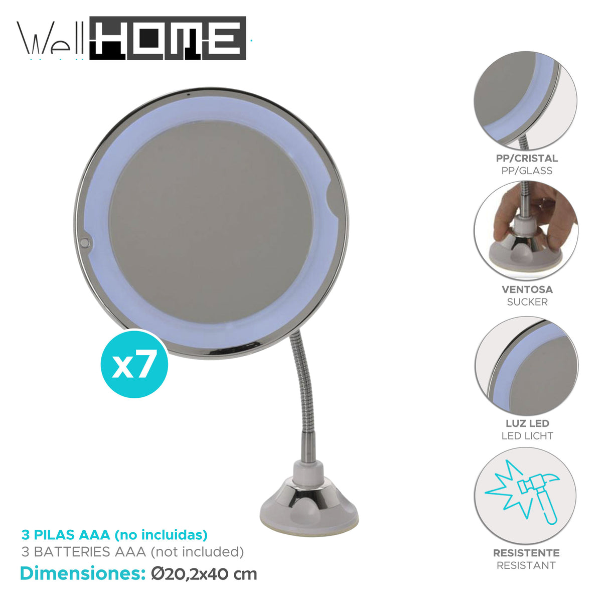 Espejo con soporte LED plateado Ø20,2x40cm (2)