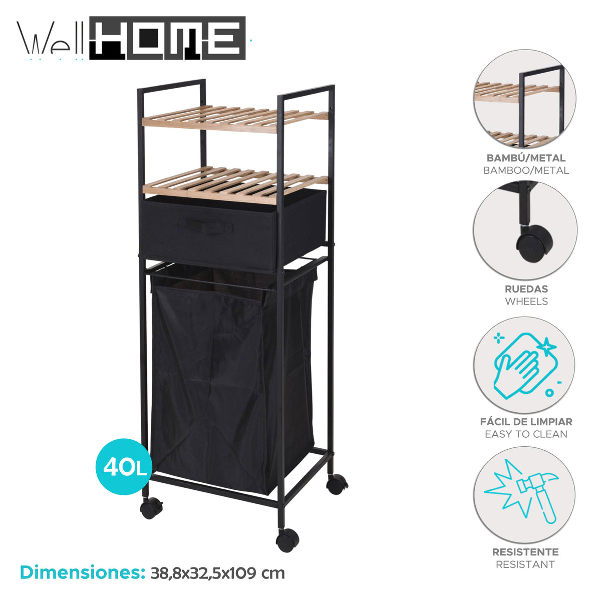 Estantería de baño 2 estantes y bolsa lavandería 40L H.109cm (2)