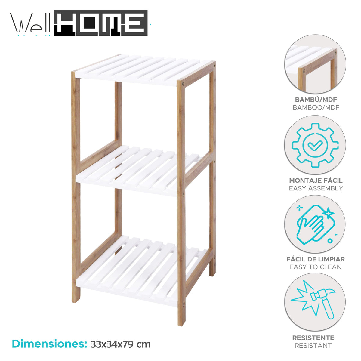 Estantería de baño 3 estantes MDF y bambú H.79cm (2)