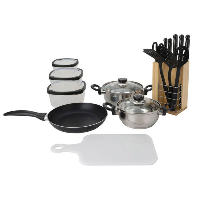 Batería de cocina 18 pzs sartén cacerolas utensilios y tuppers