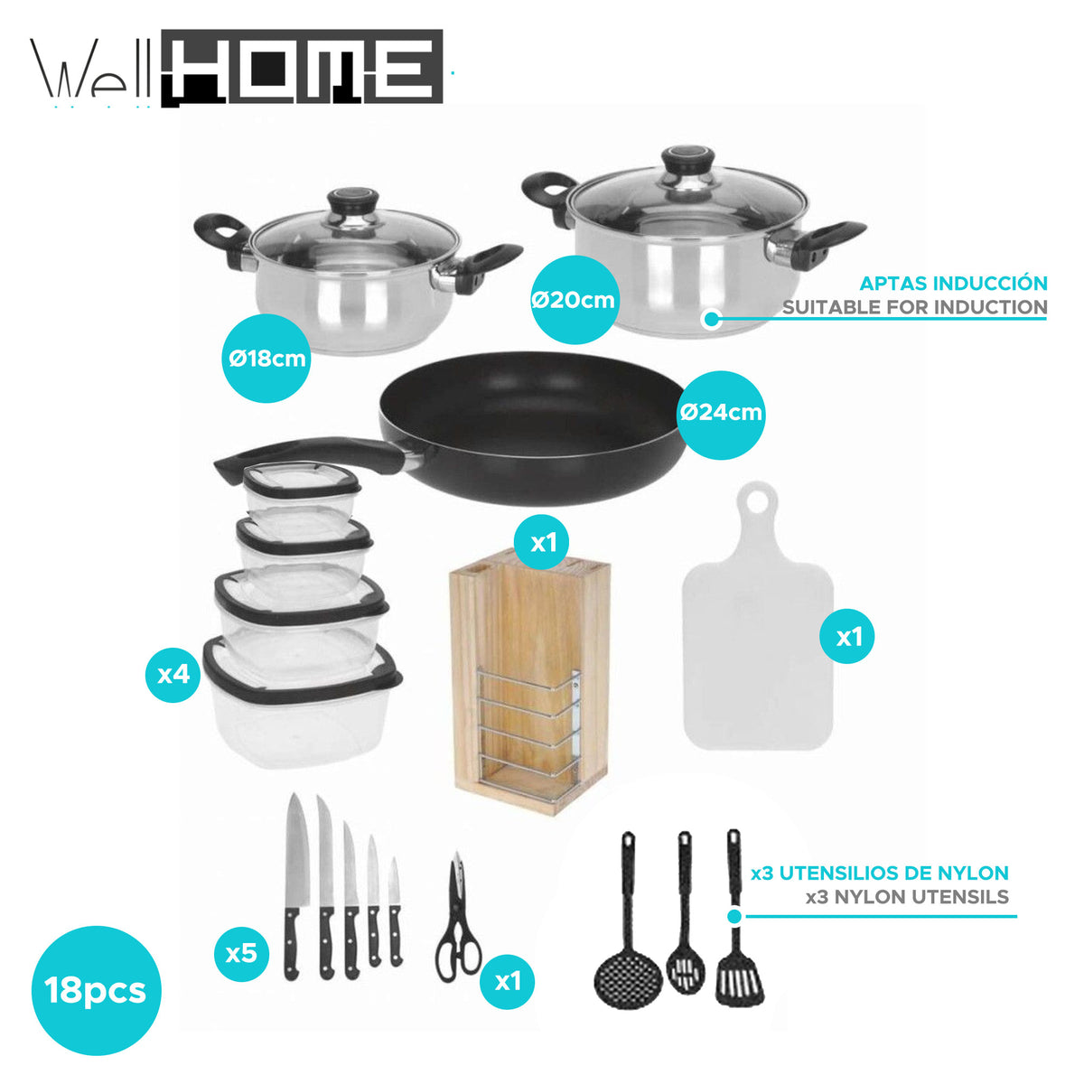 Batería de cocina 18 pzs sartén cacerolas utensilios y tuppers (2)