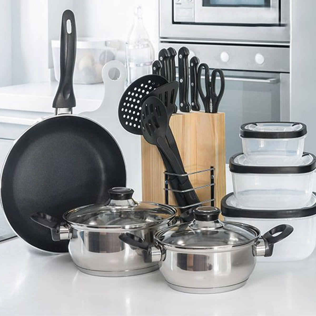 Batería de cocina 18 pzs sartén cacerolas utensilios y tuppers (4)
