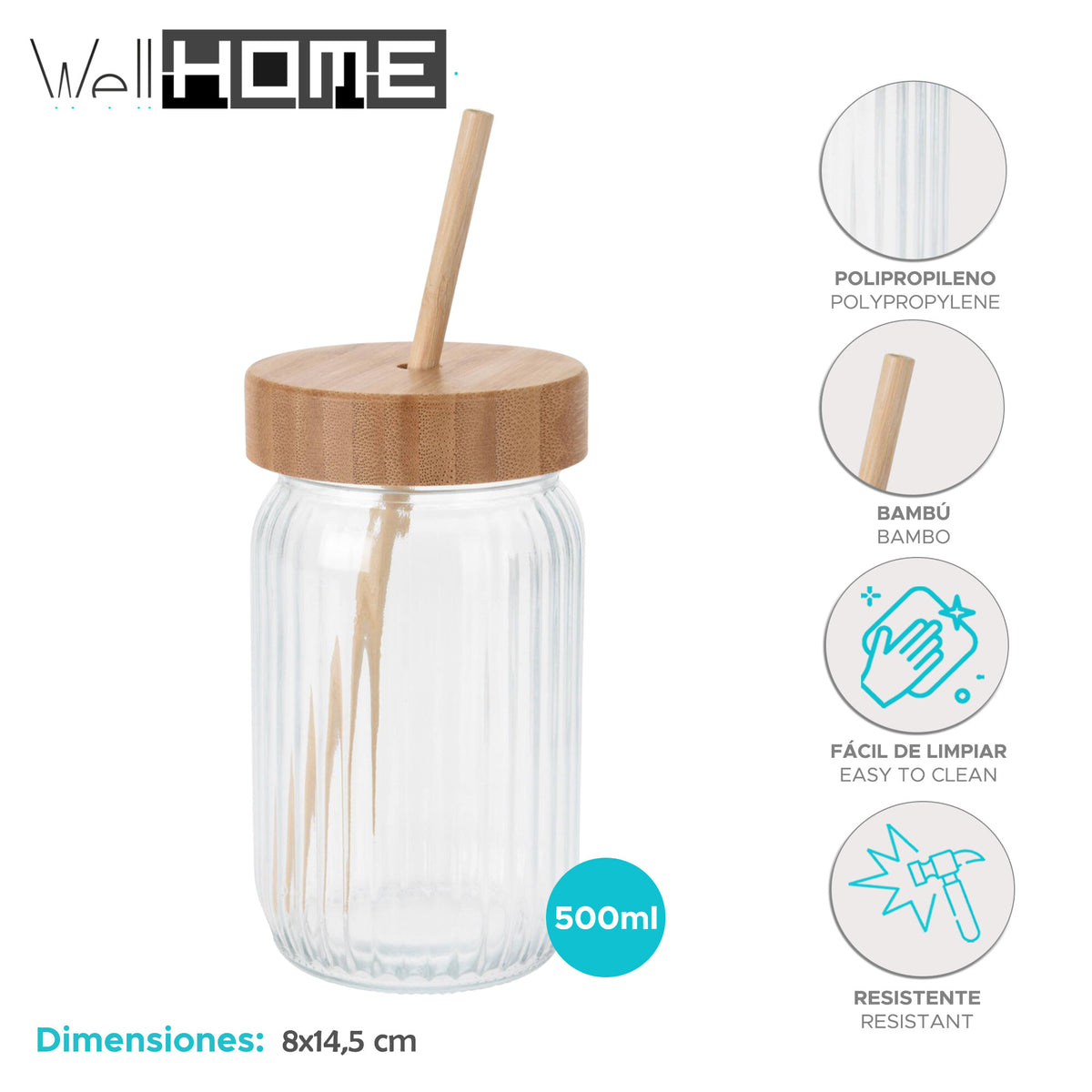 Vaso de cristal con tapa de bambú 500ml (2)