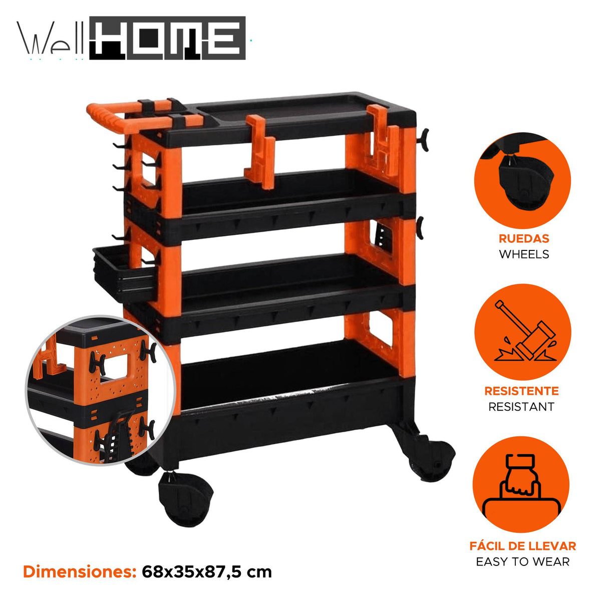 Carro de transporte 68x35x87,5cm negro y naranja (2)