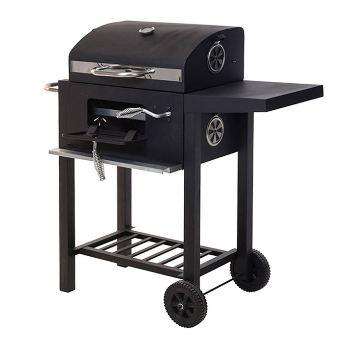 Barbacoa de carbón negra doble parrilla con mesa auxiliar H.96cm