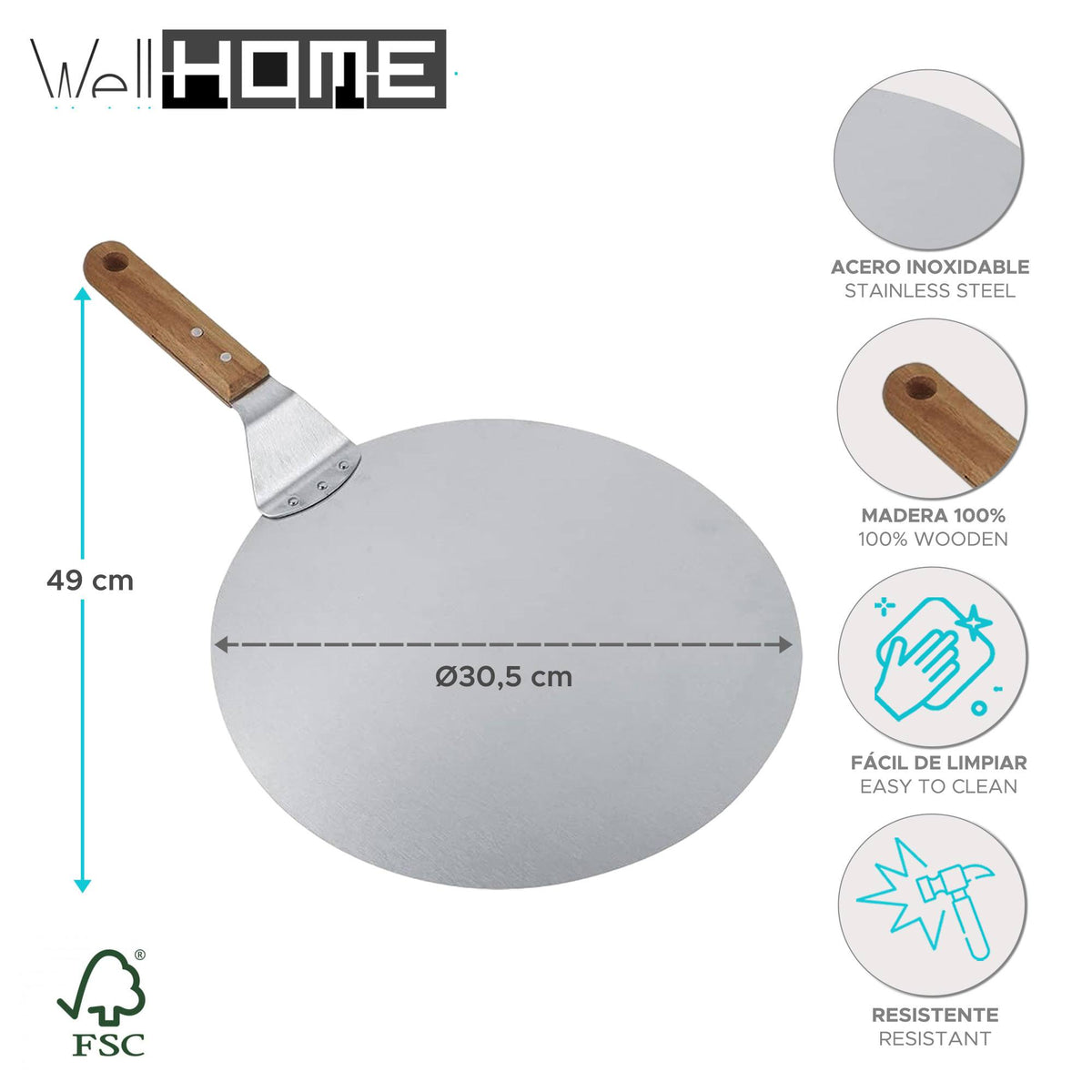 Bandeja para pizza con mango de madera Ø30,5cm (2)
