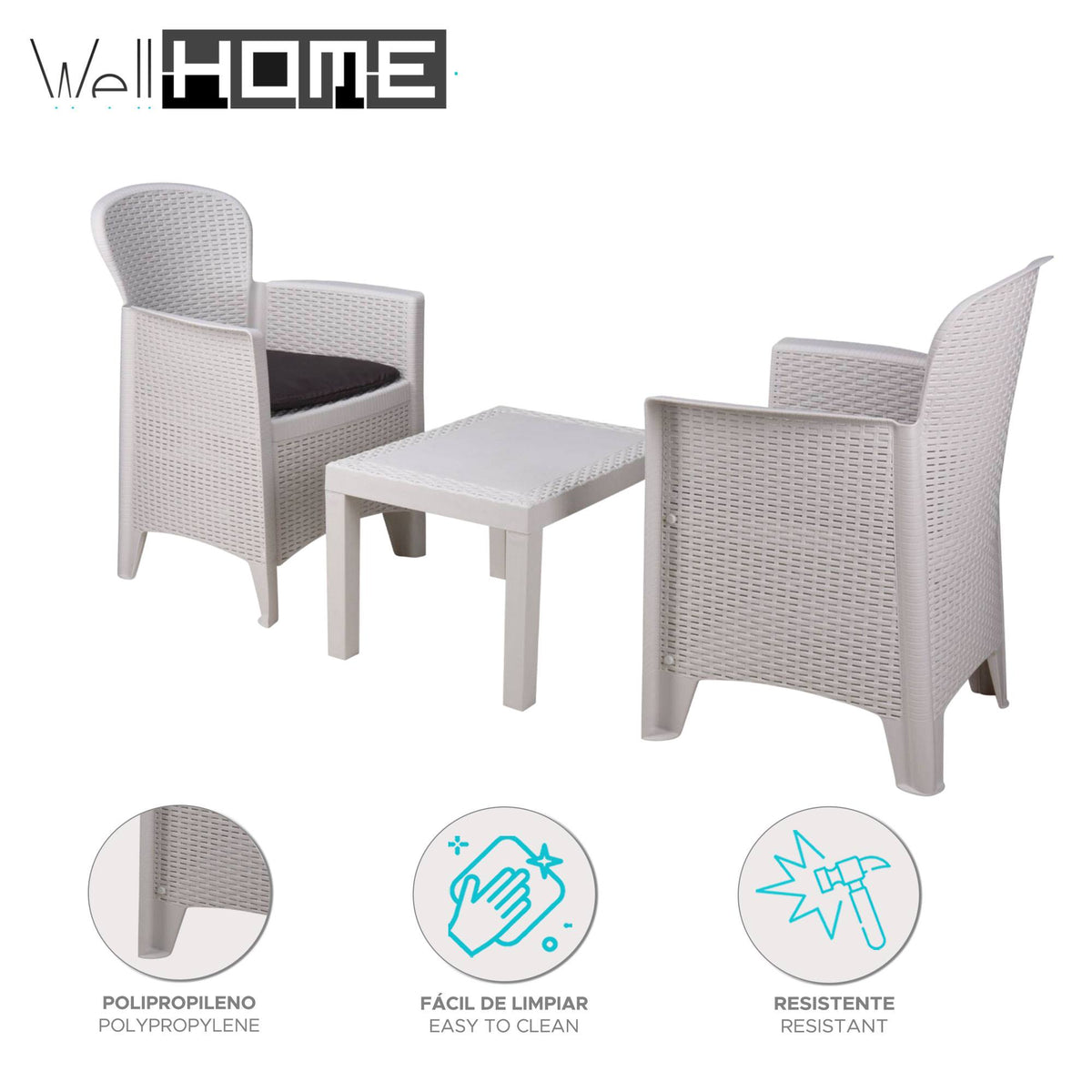 Set de jardín Akita mesa y 2 sillas color blanco para terraza (2)