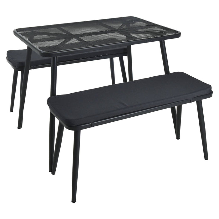Conjunto jardín mesa y 2 sillas malla y acero con cojines gris
