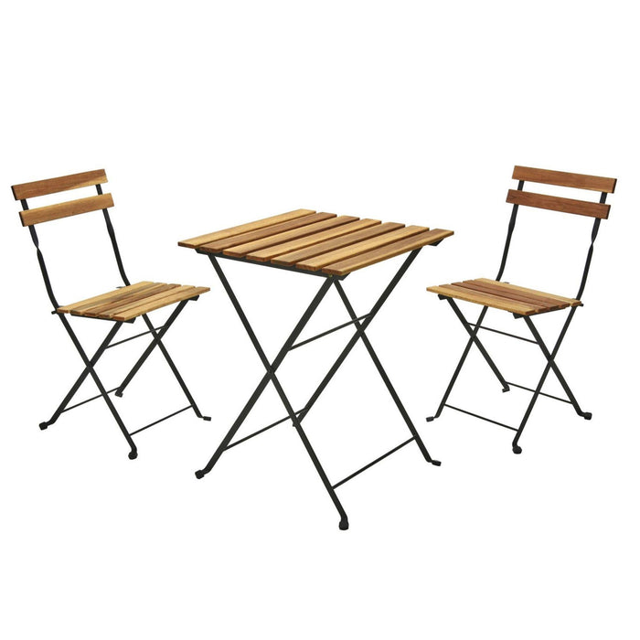 Juego Bistro mesa y 2 sillas madera y acero negro para jardín