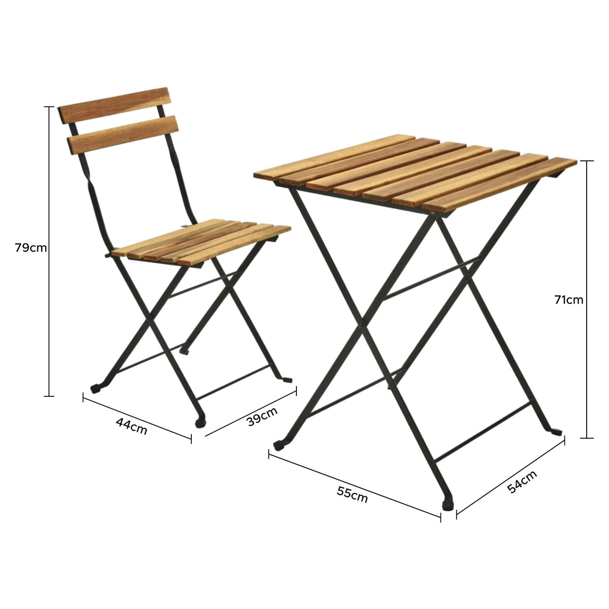 Juego Bistro mesa y 2 sillas madera y acero negro para jardín (3)