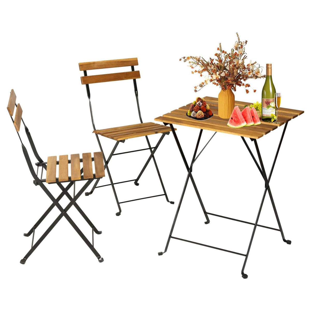 Juego Bistro mesa y 2 sillas madera y acero negro para jardín (6)