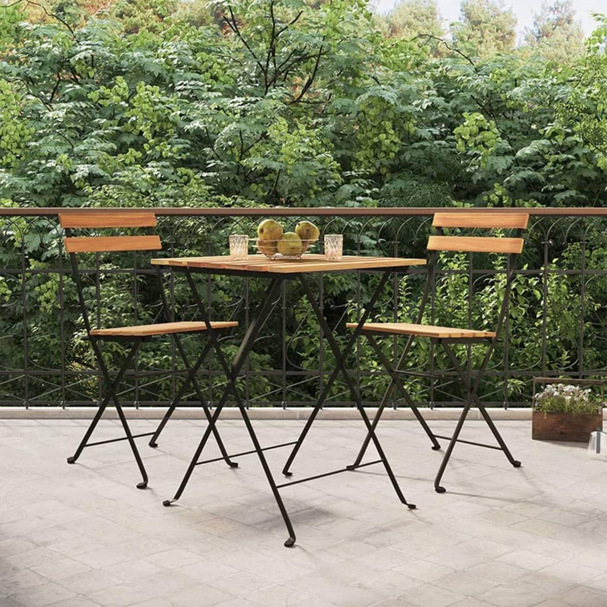 Juego Bistro mesa y 2 sillas madera y acero negro para jardín (7)
