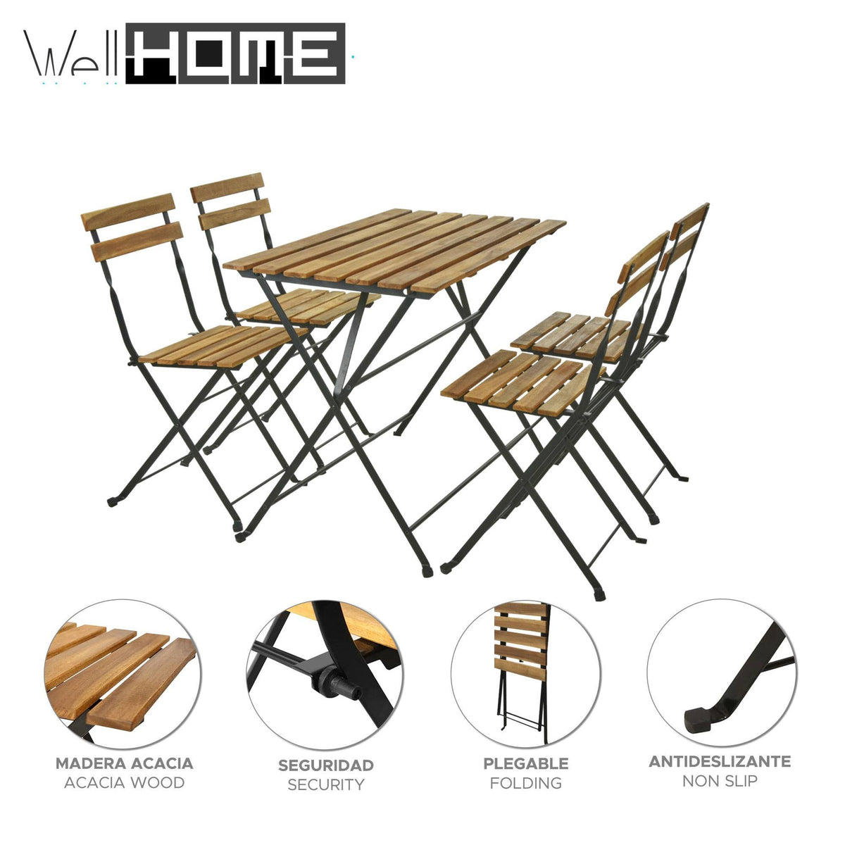 Juego Bistro mesa y 4 sillas madera y acero negro para jardín (2)