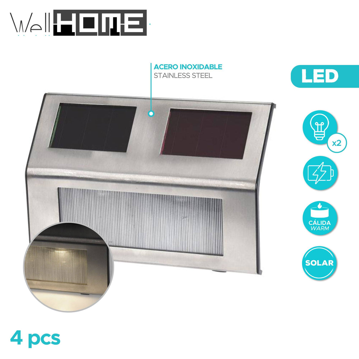 Set 4 luces solares de acero inoxidable con 2 LEDs (2)