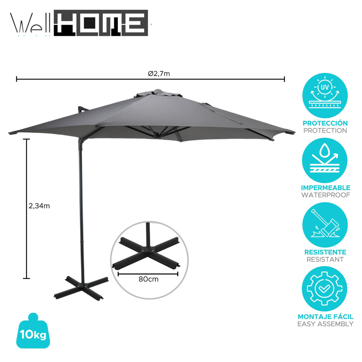 Sombrilla colgante Push Up Ø270cm color gris claro base acero (2)