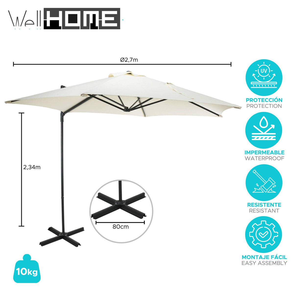 Sombrilla colgante Push Up Ø270cm color crema base acero (2)