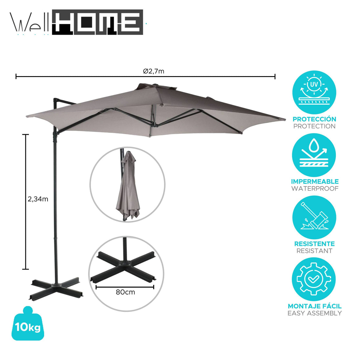 Sombrilla colgante Push Up Ø270cm color topo base acero (2)