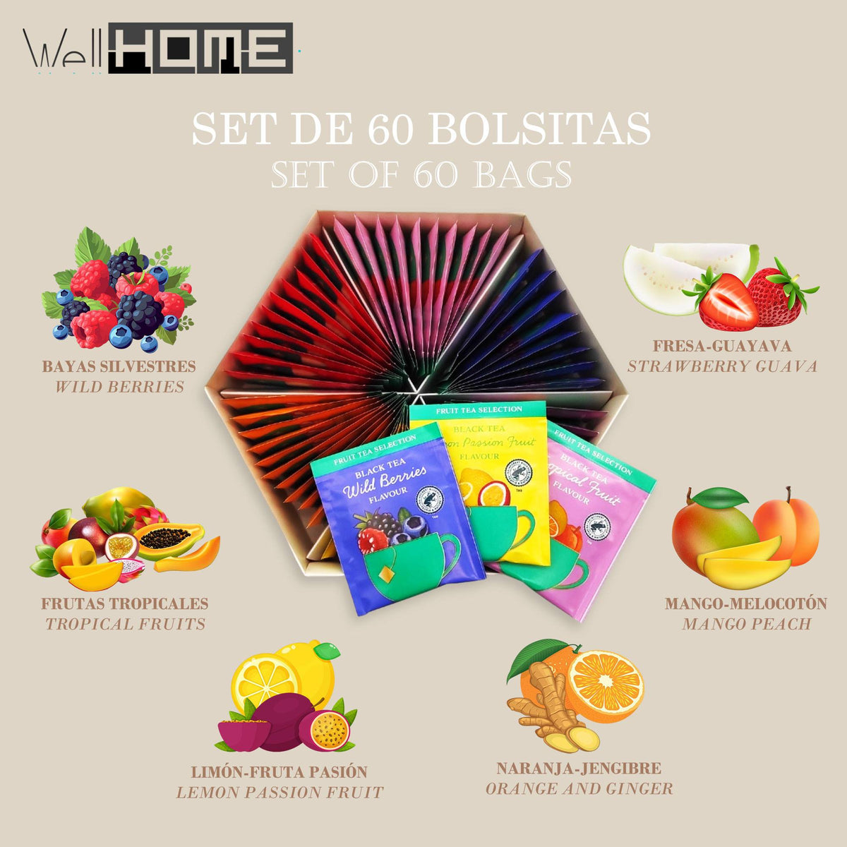 Caja de té hexagonal con 60 bolsitas variados sabores (2)