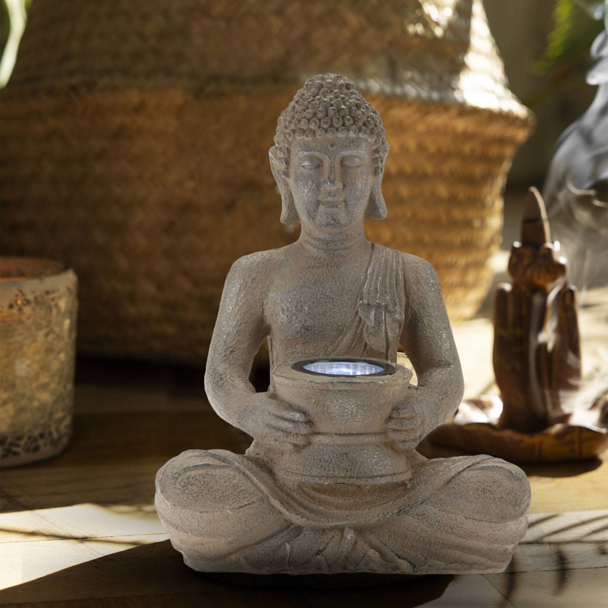 Luz solar Buda polystone acabado plata oxidada 21x14x28cm (4)